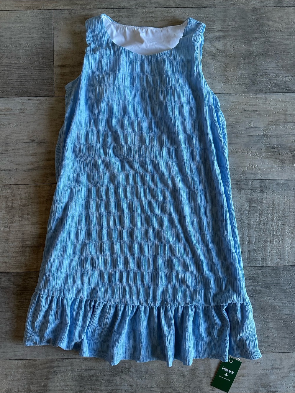 NWT Halara Light Blue Crinkle Ruffle Hem Dress Sz M Boho Flowy Vacation